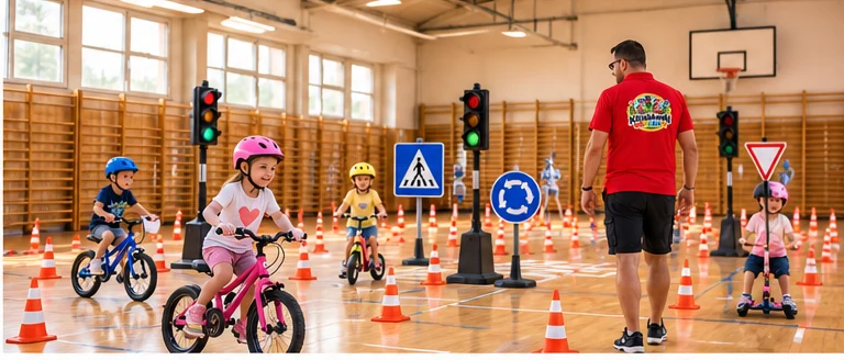 AI-illusztráció tornateremben felépített mobil KRESZ-pályáról